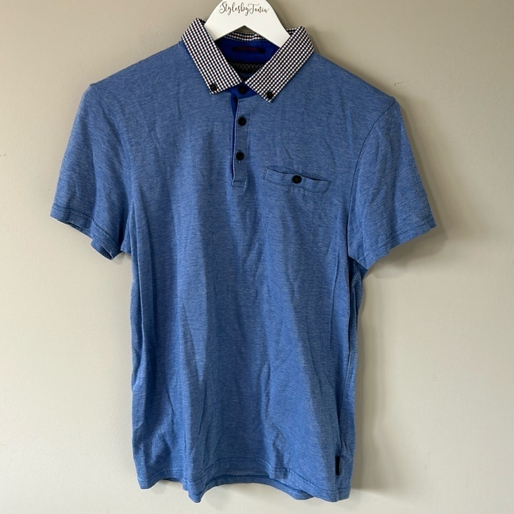 Ted Baker Mens Tilnor Oxford Polo Checked Collar Trim Fit Blue Sz 4 Large